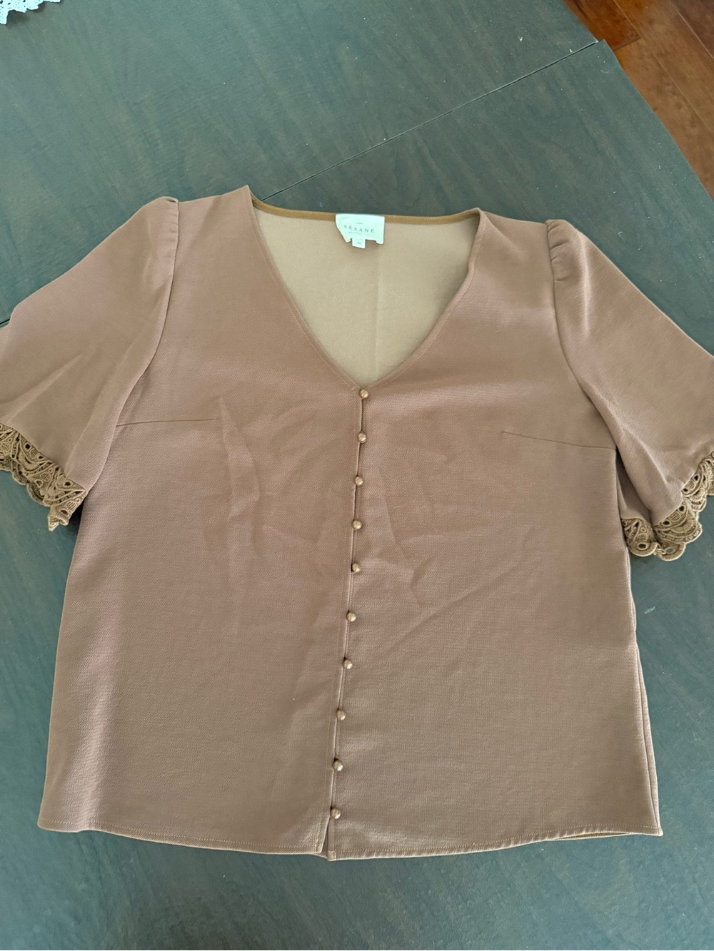 Sezane Brown Button-Front V-Neck Lace-Trim Blouse